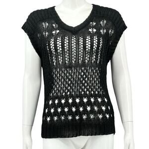 Shae Sweater Womens Small Black Open Knit Top 100% Linen‎ V-Neck Beachy Grunge